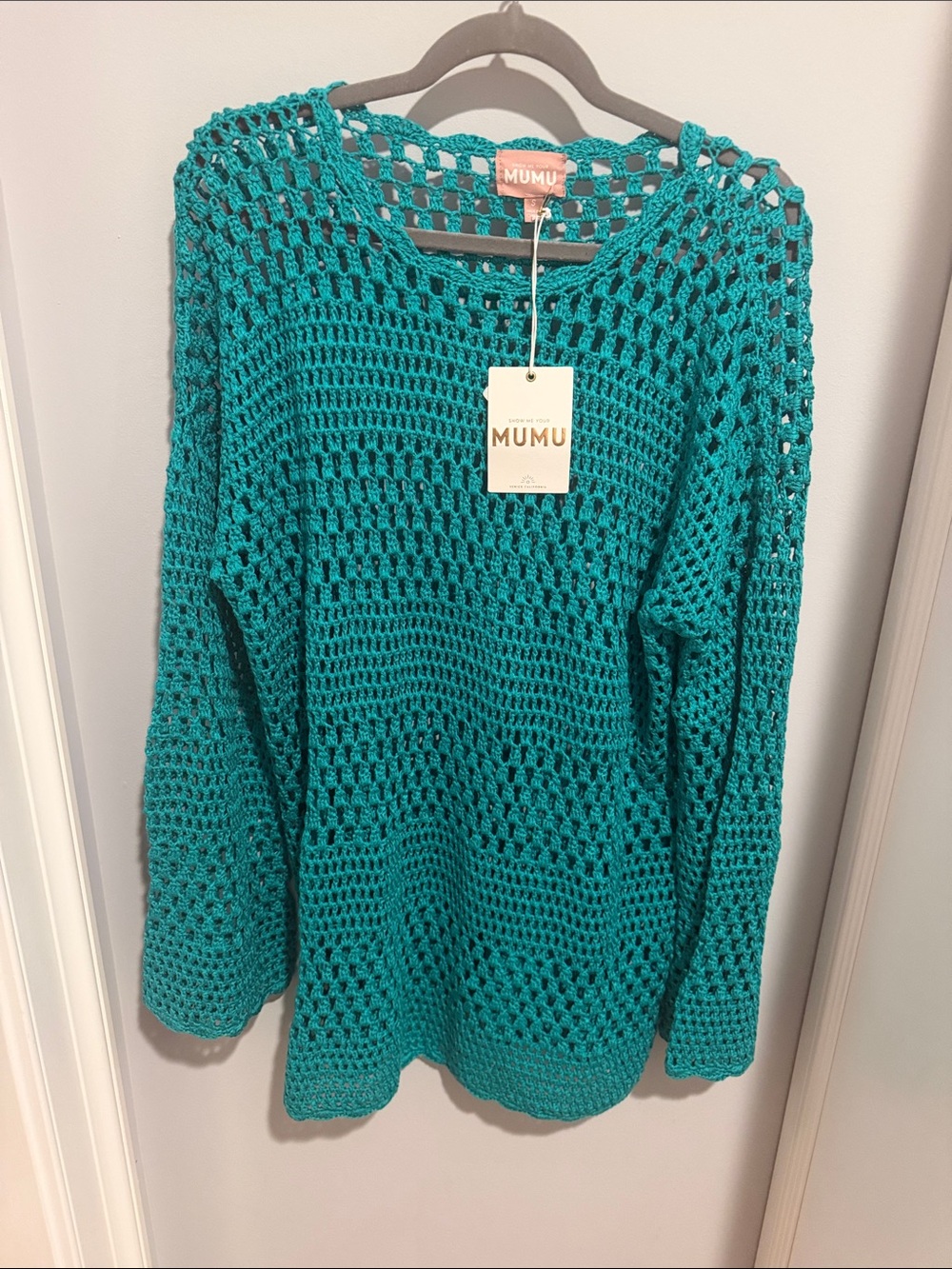 Show Me Your MuMu Teal Crochet Open-Weave Beach Coverup